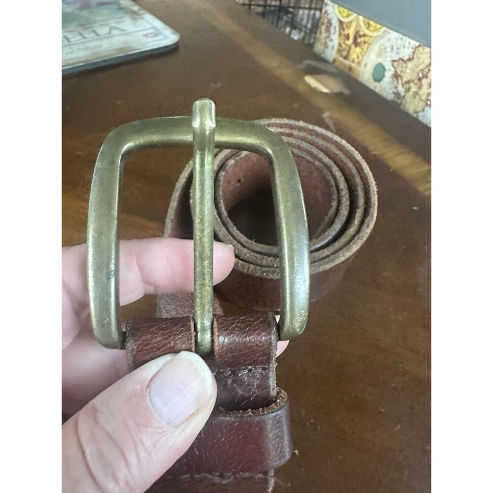 LL Bean mens chino Belt Size 34 Genuine Full Grain Leather chocolate Brown Brass